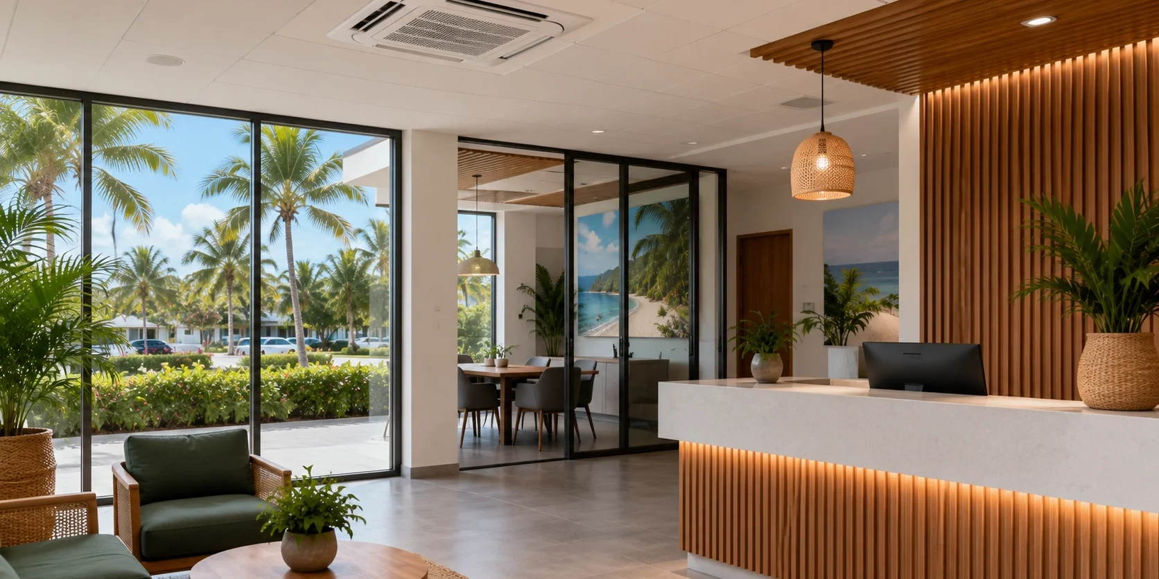 Pièces détachées et climatisation professionnelle Illustration d’un espace professionnel équipé d’une climatisation cassette au plafond, dans un environnement tropical.