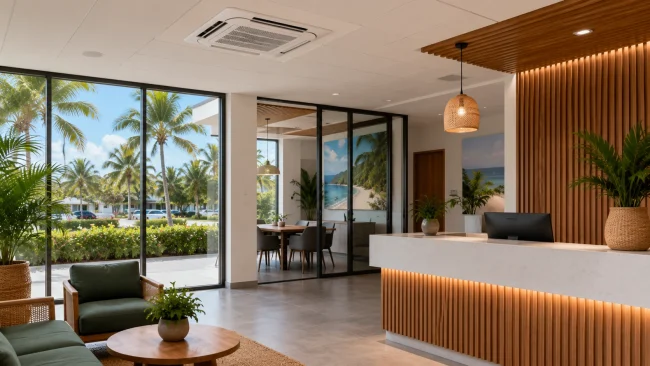 Pièces détachées et climatisation professionnelle Illustration d’un espace professionnel équipé d’une climatisation cassette au plafond, dans un environnement tropical.